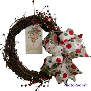 Grapevine Christmas Wreath,  'Tis the Season Wreath, Bow Ribbon Wreath